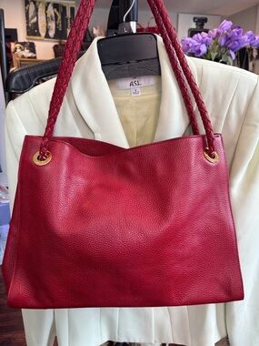 A.S.L. Red Pebbled Leather Braided-Handle Tote